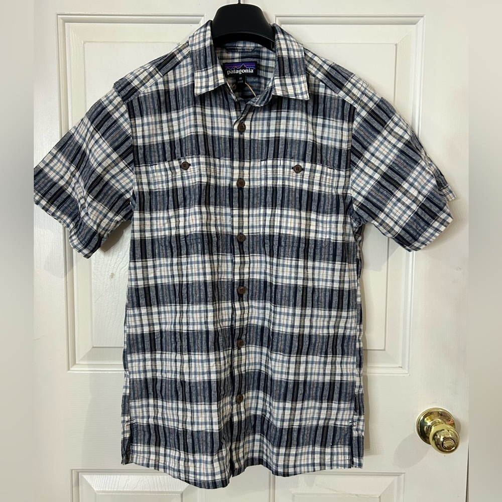 Patagonia Back Step Shirt Mens XS Blue Plaid Hemp Organic Cotton S/S NWT